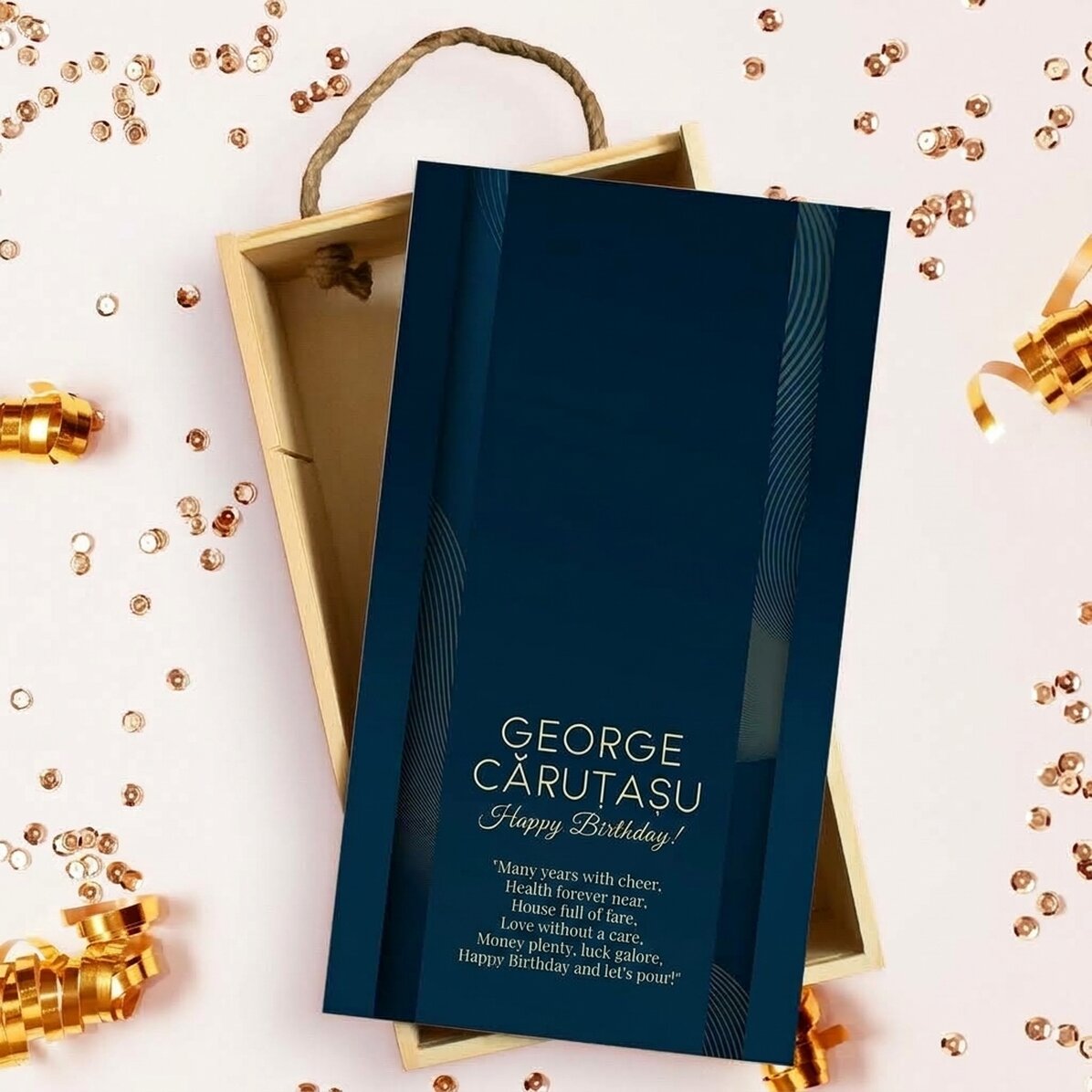 Gepersonaliseerde houten geschenkdoos met boodschap - Marineblauw en goud