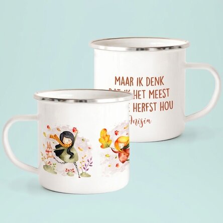 Geëmailleerde metalen mok met tekst - I love fall most of all