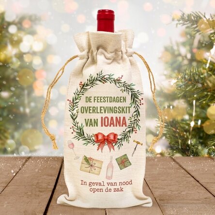 Gepersonaliseerd zakje voor een fles wijn - Overlevingspakket