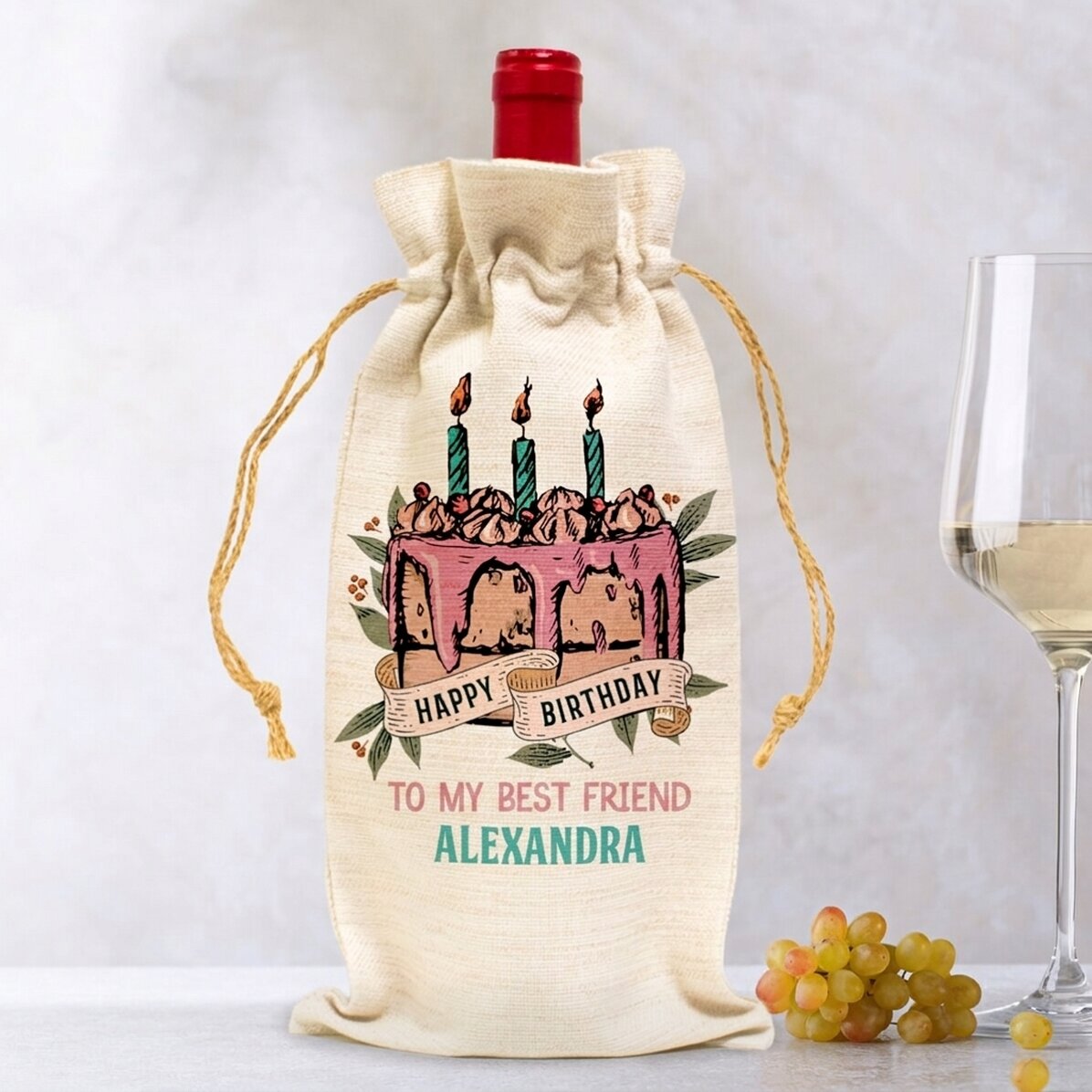 Gepersonaliseerd zakje voor een fles wijn - Happy Birthday Retro