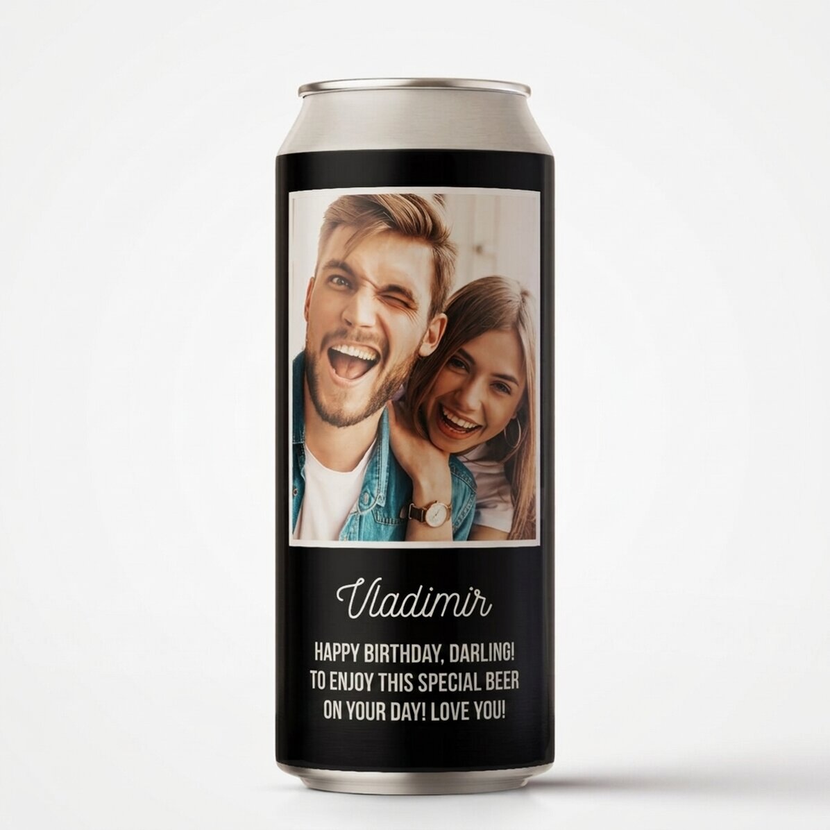 Bier in een blikje met een persoonlijke foto en boodschap