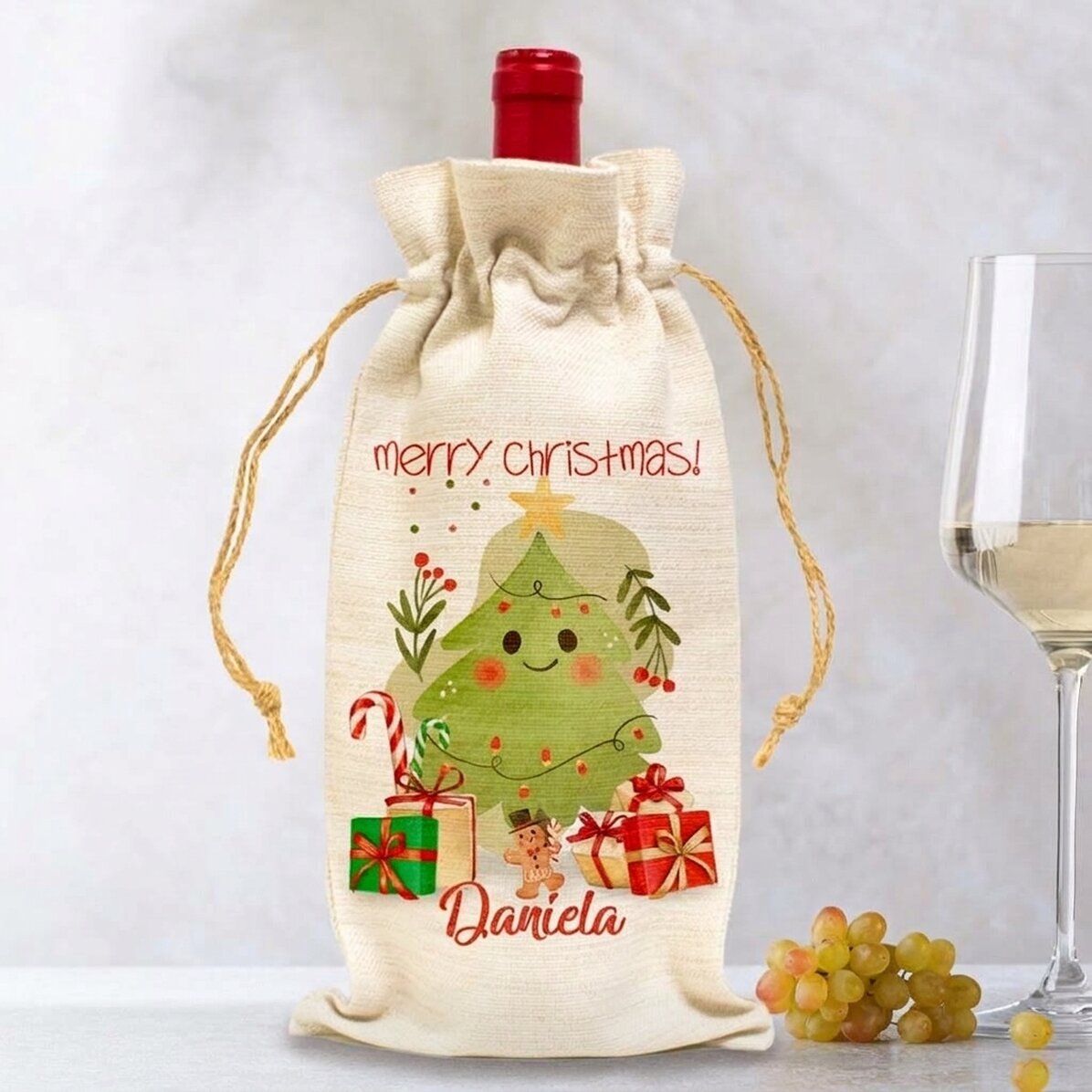 Gepersonaliseerd zakje voor een fles wijn - Kerstillustratie