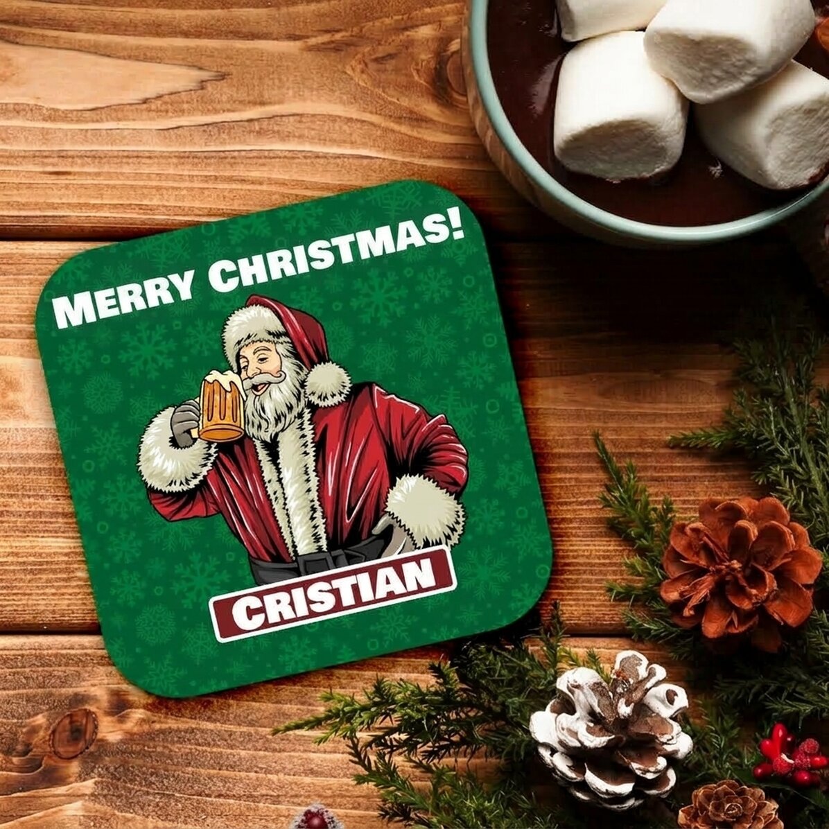 Gepersonaliseerde bierglashouder met tekst - Kerstman met bier