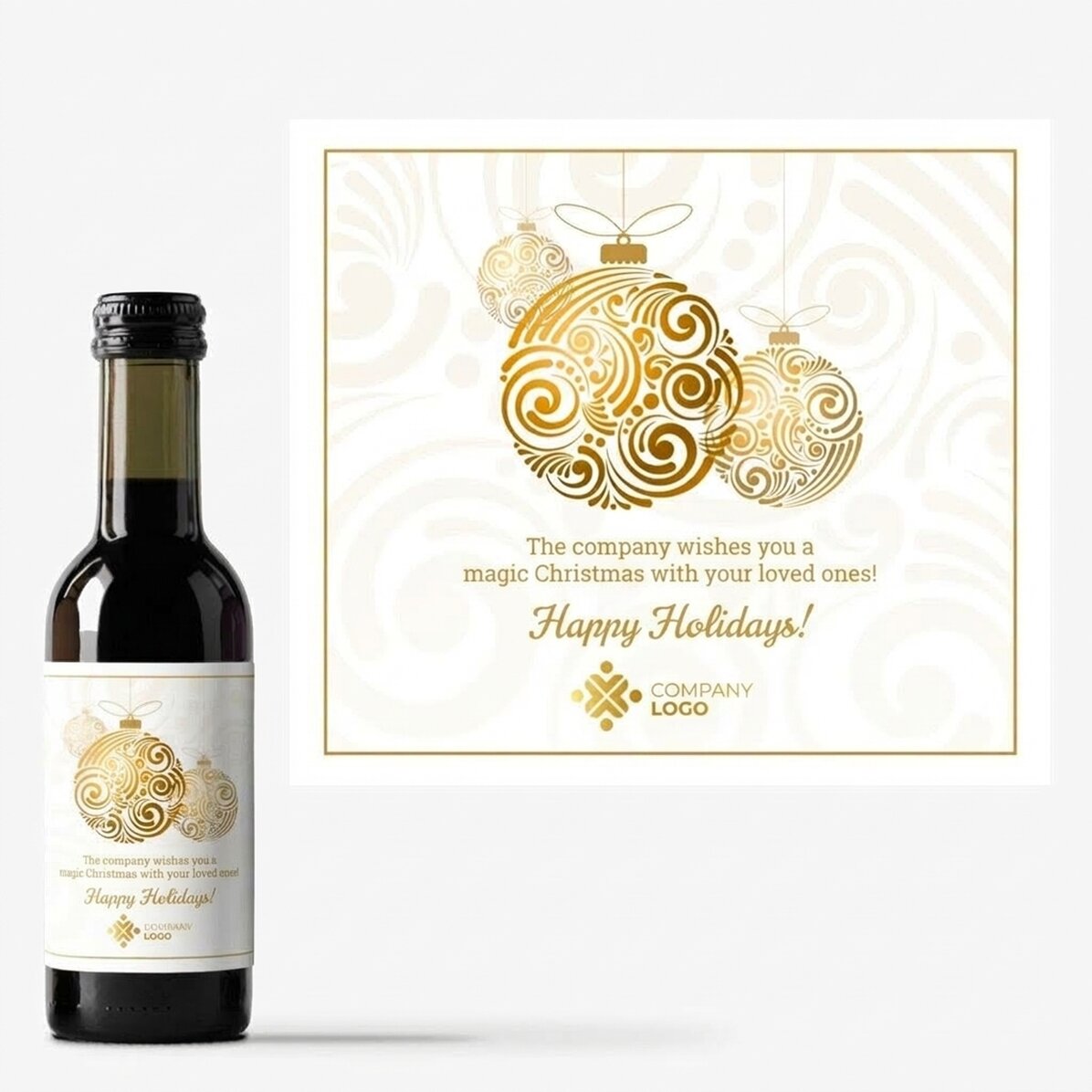 Gepersonaliseerd mini-wijnflesje met logo en boodschap - Gouden kerstballen