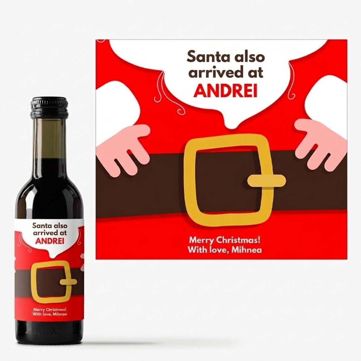 Mini-wijnflesje met gepersonaliseerde tekst - De kerstman is er