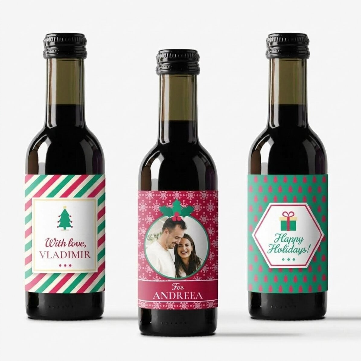 Set van 3 miniwijntjes, gepersonaliseerd met een foto en tekst - Vrolijk Kerstfeest!