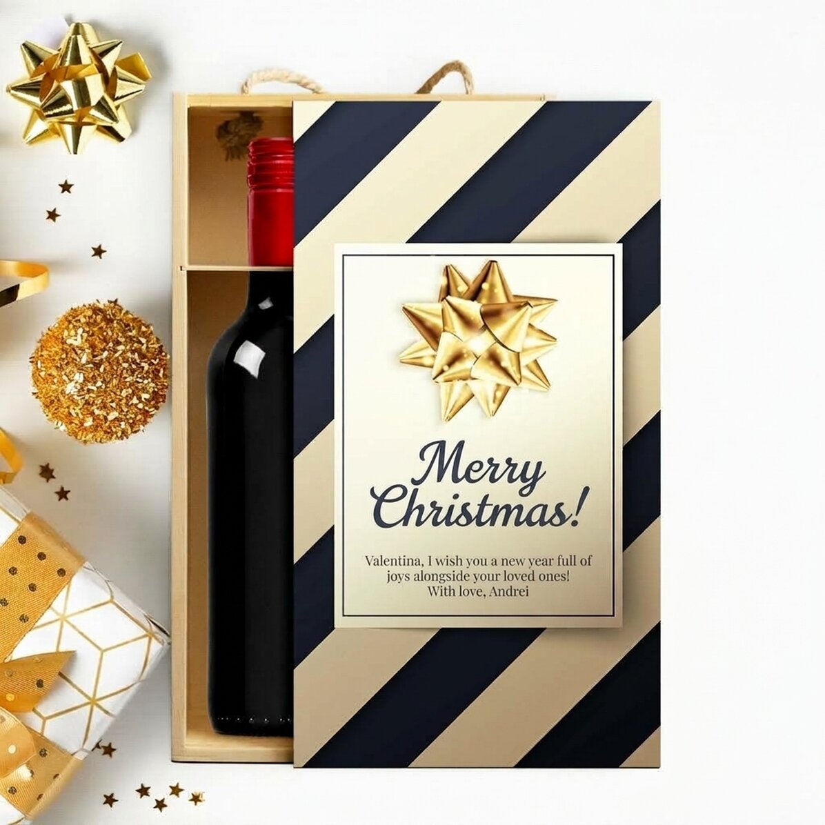 Wijnkist voor 2 flessen, gepersonaliseerd met een boodschap - Luxe kerstcadeau