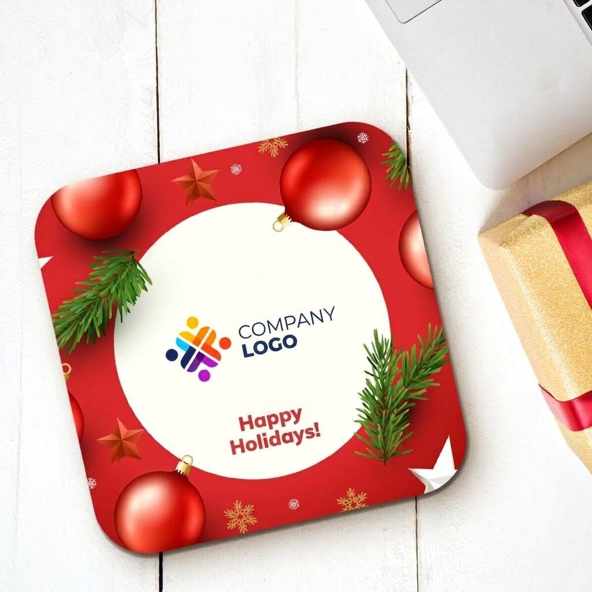 Glashouder met logo en tekst op maat - Fijne feestdagen