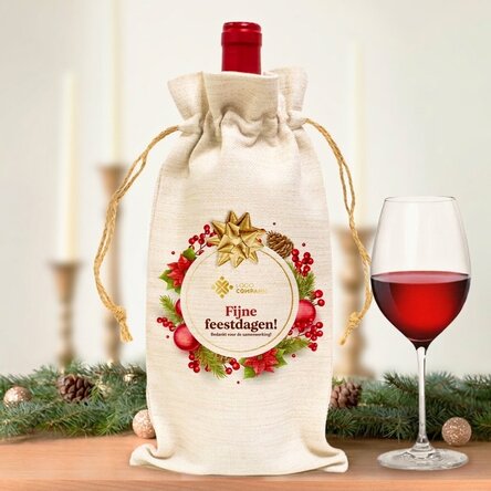 Gepersonaliseerd zakje voor een fles wijn met logo en tekst - Fijne feestdagen