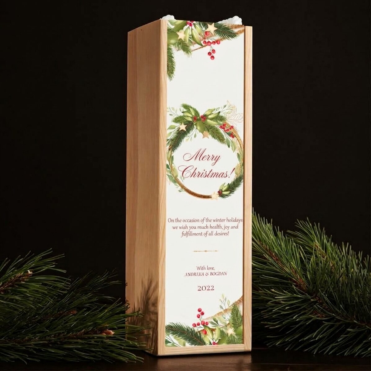 Gepersonaliseerde wijnkist met kersttekst - Vrolijk Kerstfeest!