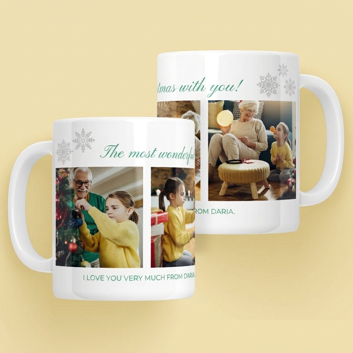 Gepersonaliseerde mok met 4 foto’s en een kerstboodschap voor de grootouders