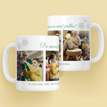 Gepersonaliseerde mok met 4 foto’s en een kerstboodschap voor de grootouders