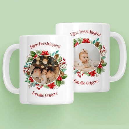 Gepersonaliseerde mok met 2 foto's en een boodschap - Fijne feestdagen!