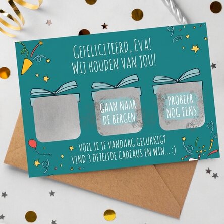 Gepersonaliseerde kraskaart met boodschap - Raak 3 cadeaus en win