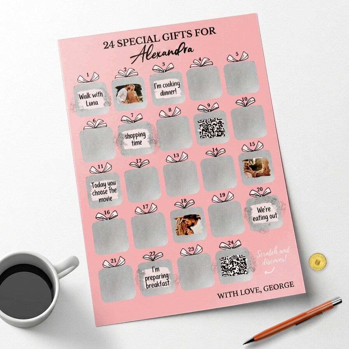 Gepersonaliseerde, afkrabbare adventsposter met foto’s, boodschap en QR-code