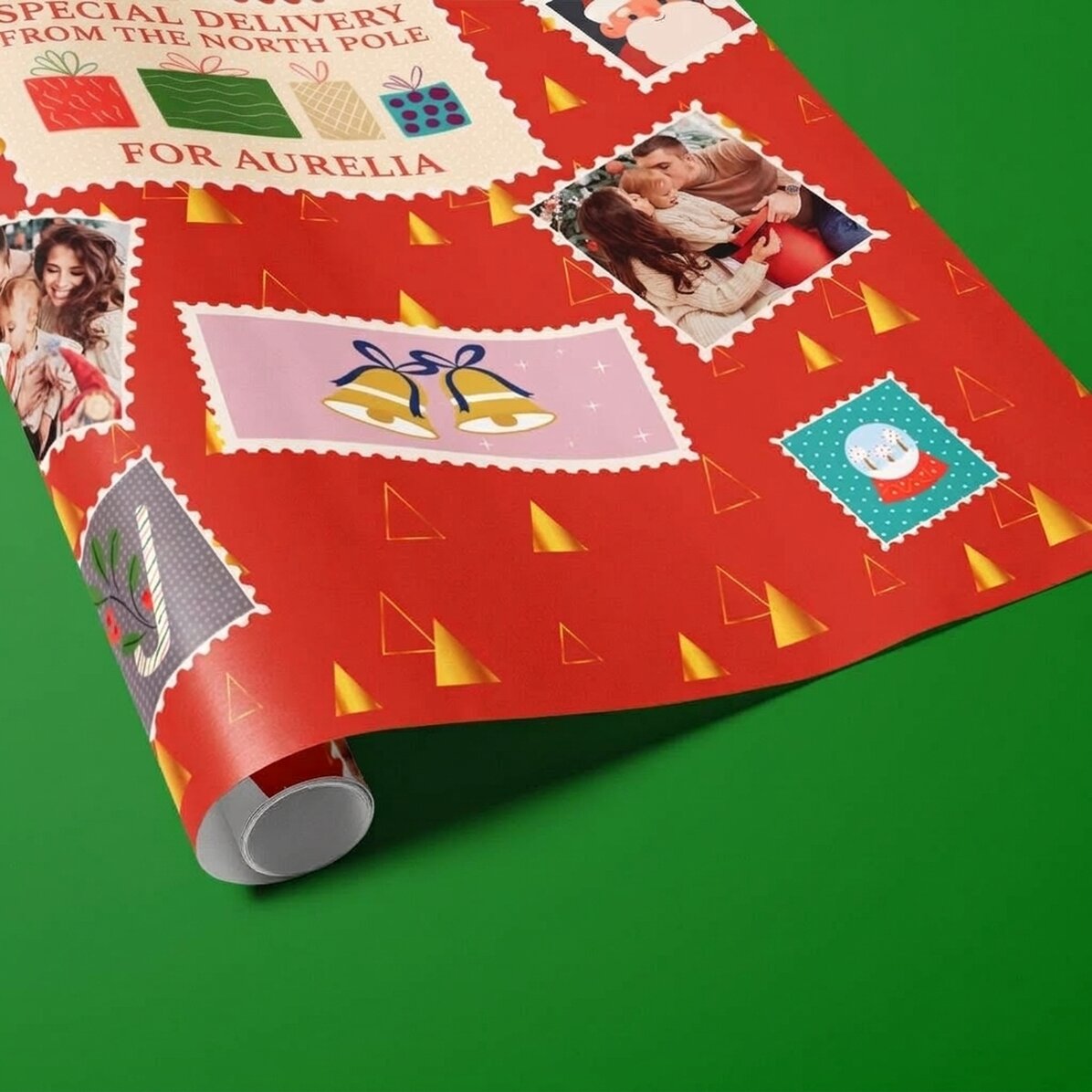 Gepersonaliseerd cadeaupapier met 4 foto’s en tekst - Kerstzegels