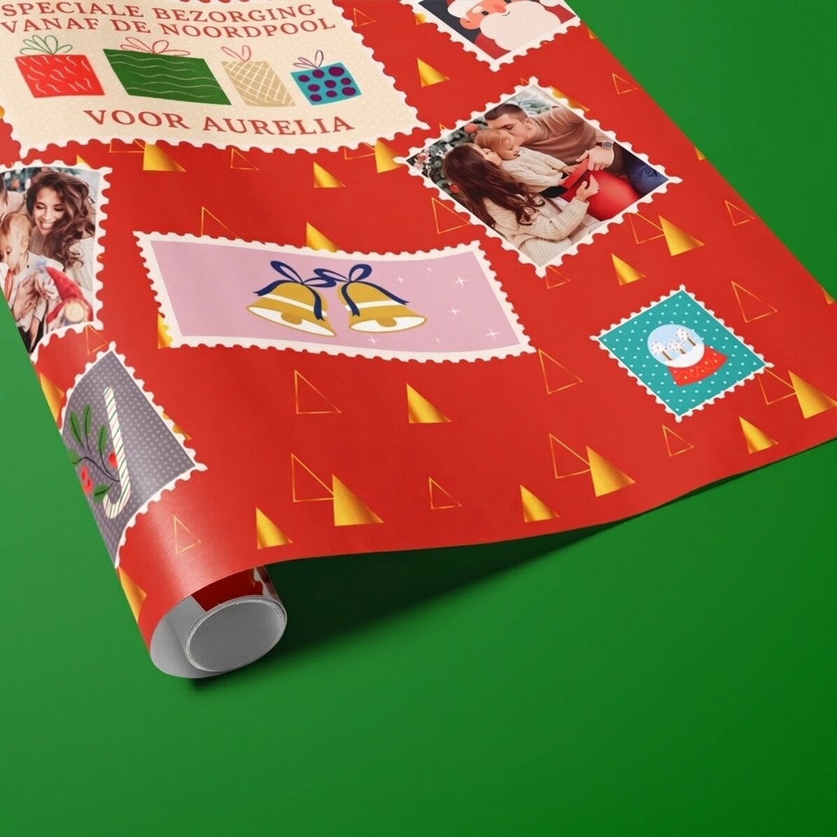 Gepersonaliseerd cadeaupapier met 4 foto’s en tekst - Kerstzegels