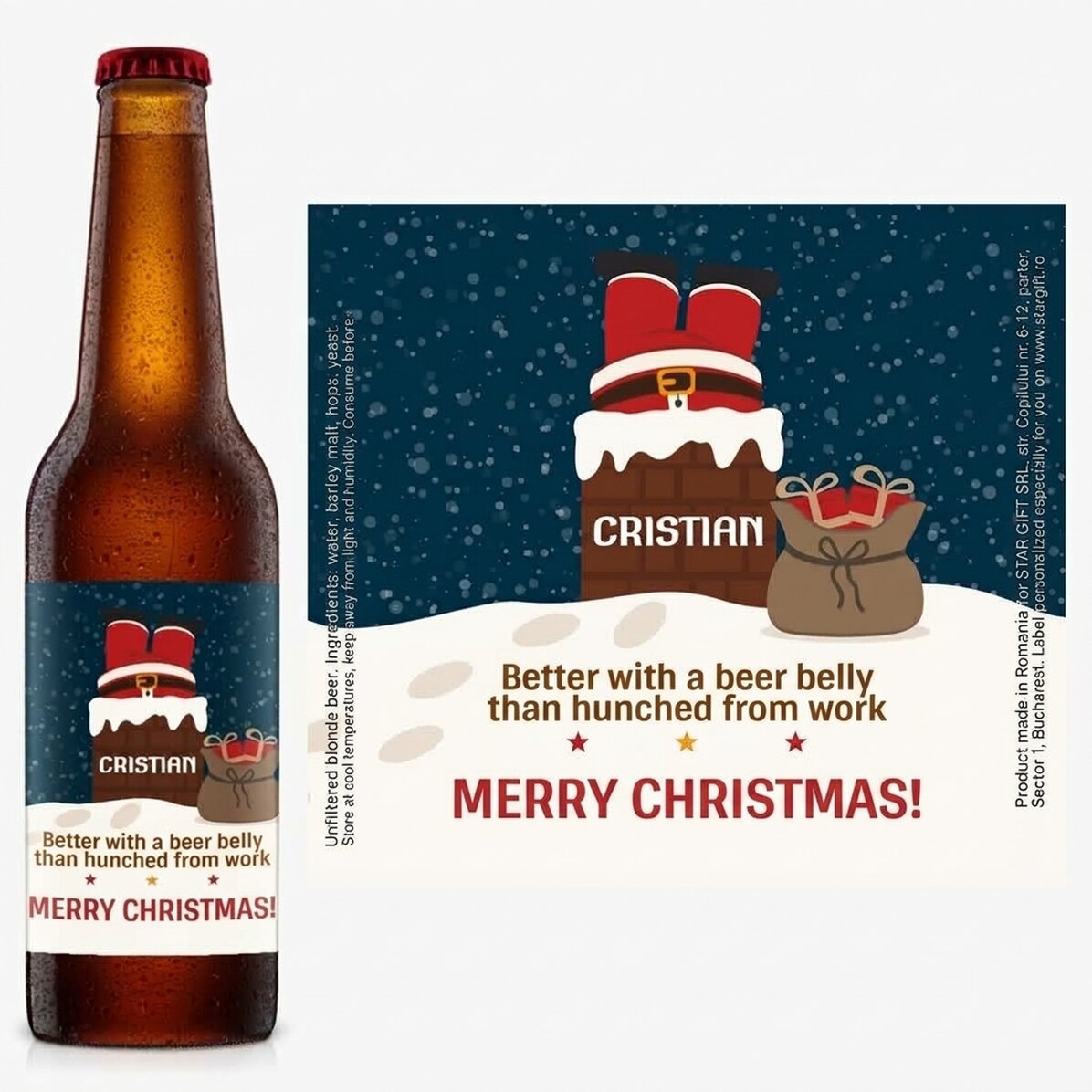 Bier met gepersonaliseerde tekst - De Kerstman op de schoorsteen