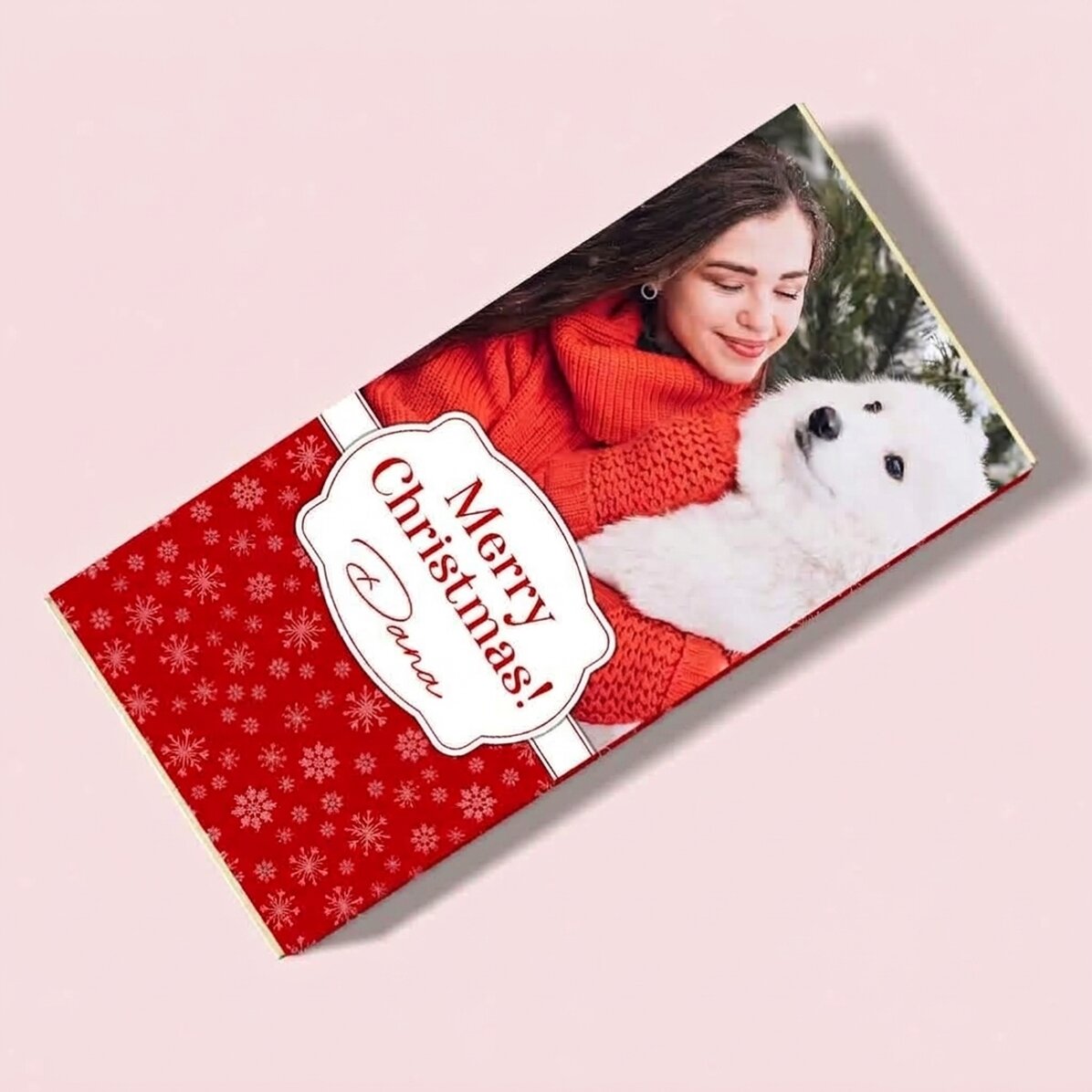 Chocolade met een foto en een kerstboodschap erop - Sneeuwvlokken