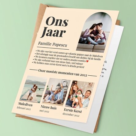 Gepersonaliseerde wenskaart met 4 familiefoto’s en tekst – Ons jaar in beeld