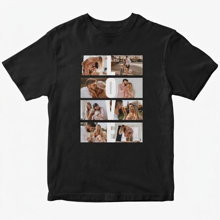 Gepersonaliseerd katoenen T-shirt met 8 foto’s en tekst - LOVE