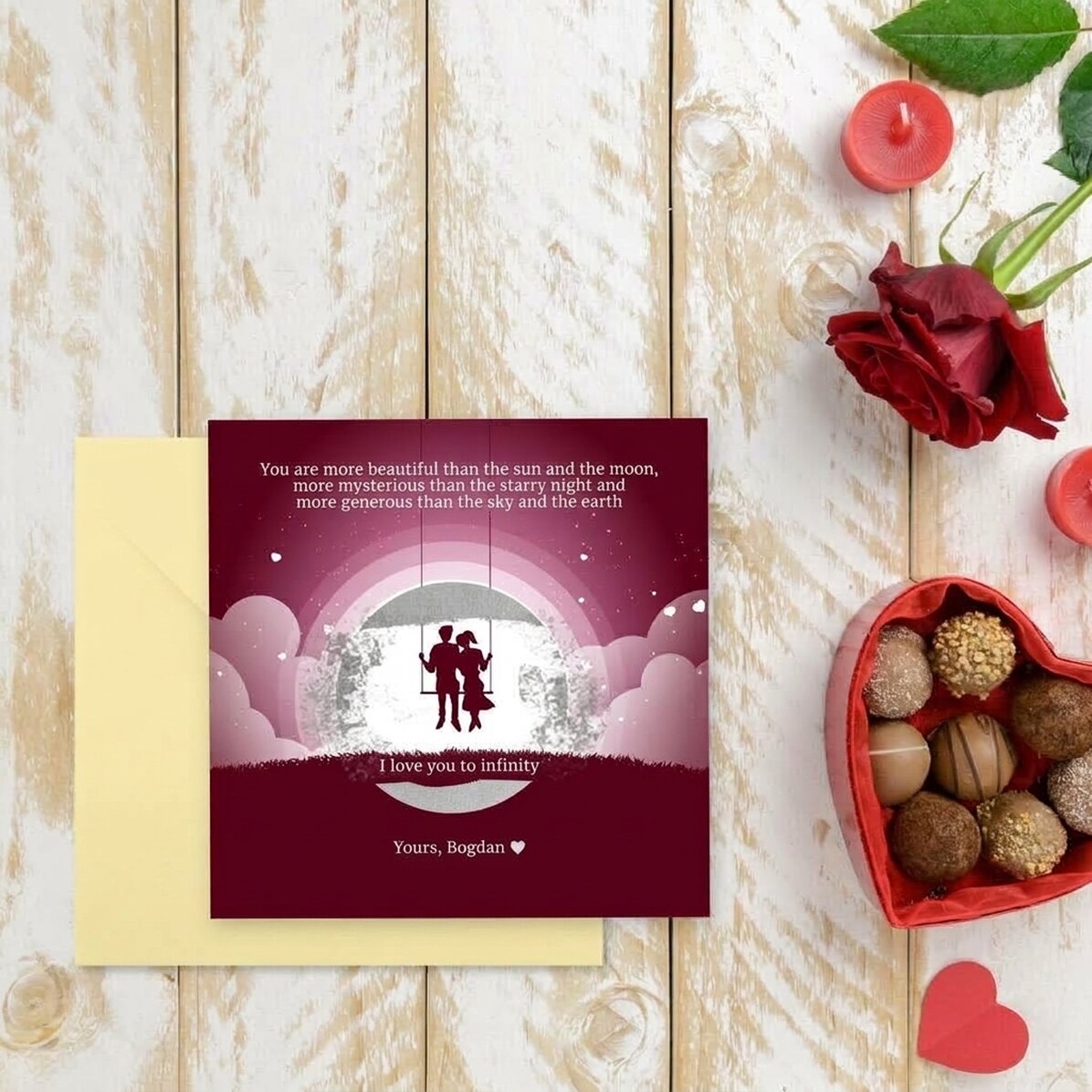 Gepersonaliseerde kraskaart met boodschap - Nachtlandschap voor Valentijnsdag