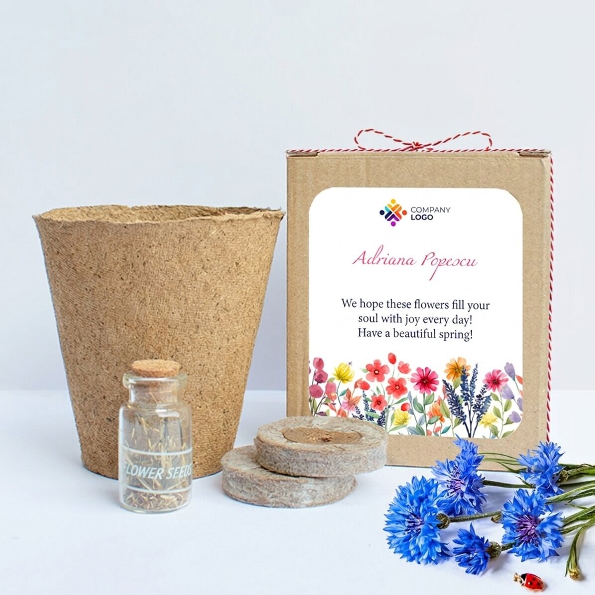 Set om voorjaarsbloemen te planten in een gepersonaliseerd bakje met logo en boodschap