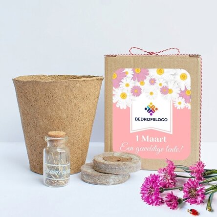 Set om voorjaarsbloemen te planten in een gepersonaliseerd bakje met logo en boodschap - Floral