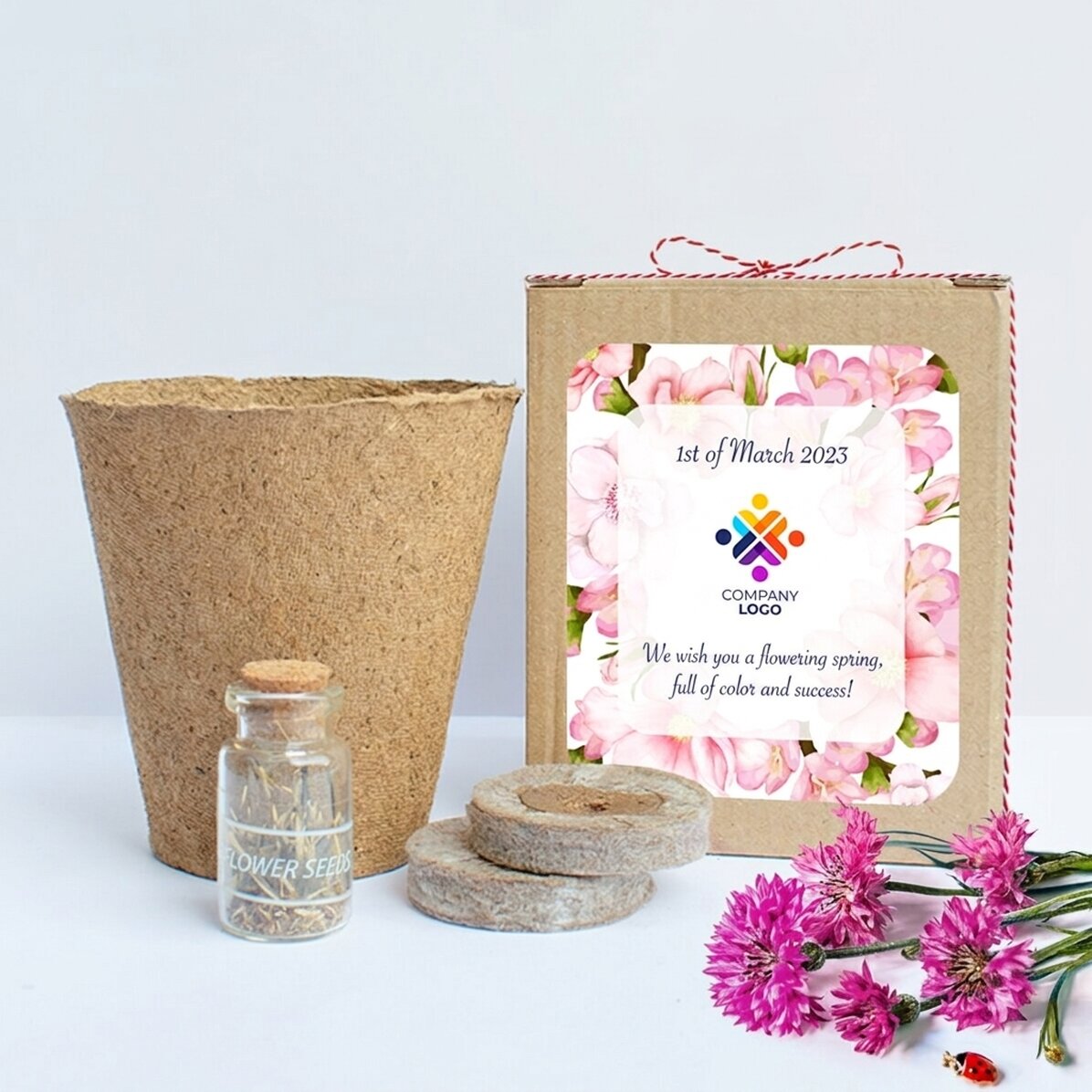 Set om voorjaarsbloemen te planten in een gepersonaliseerd bakje met logo en boodschap