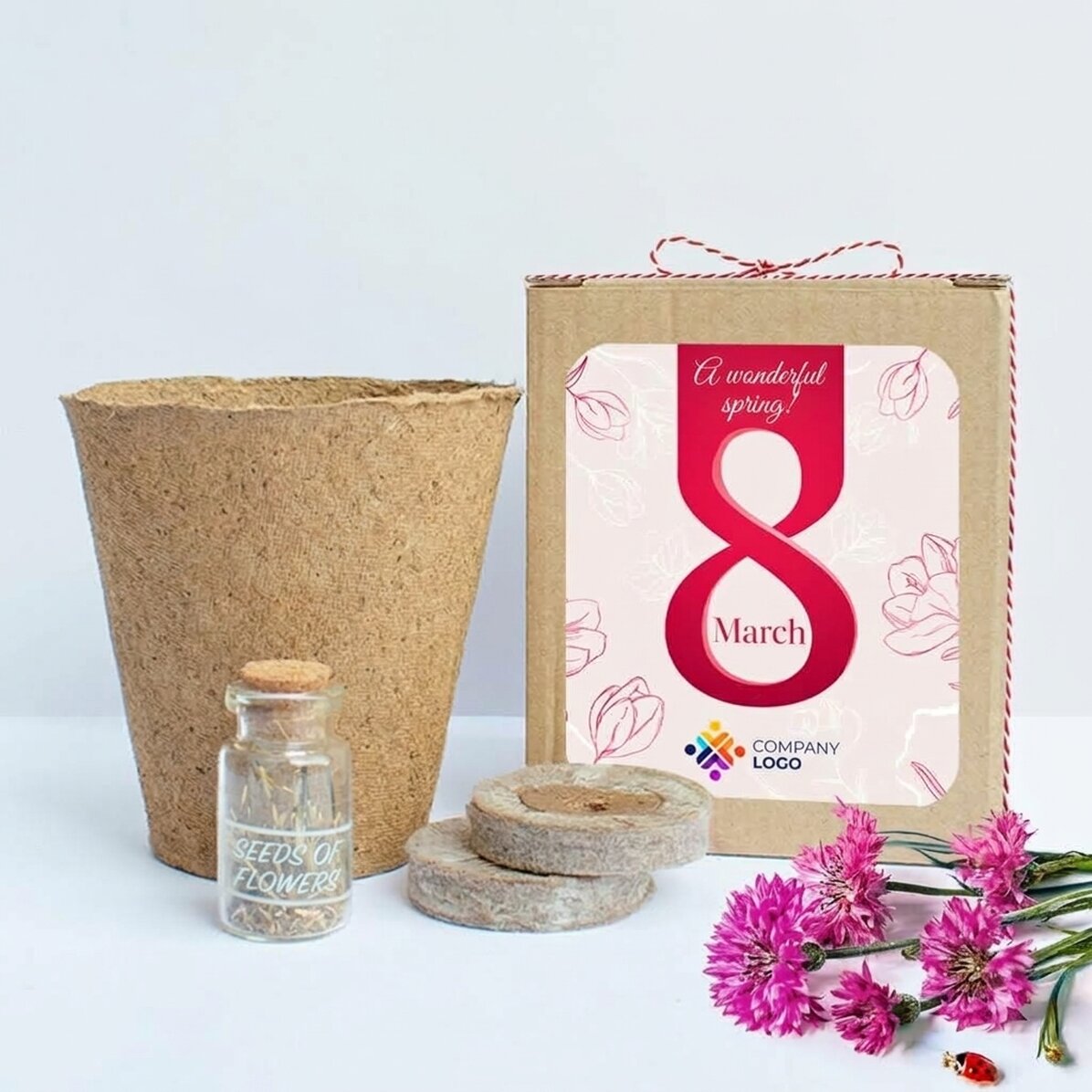 Plantpakket voor voorjaarsbloemen in een gepersonaliseerd doosje met logo en boodschap - 8 maart