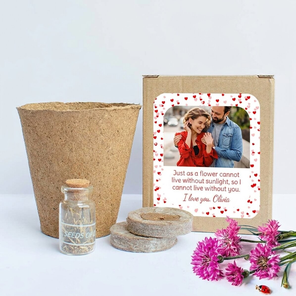 Set om lentebloemen te planten in een gepersonaliseerd bakje met foto en boodschap - Love