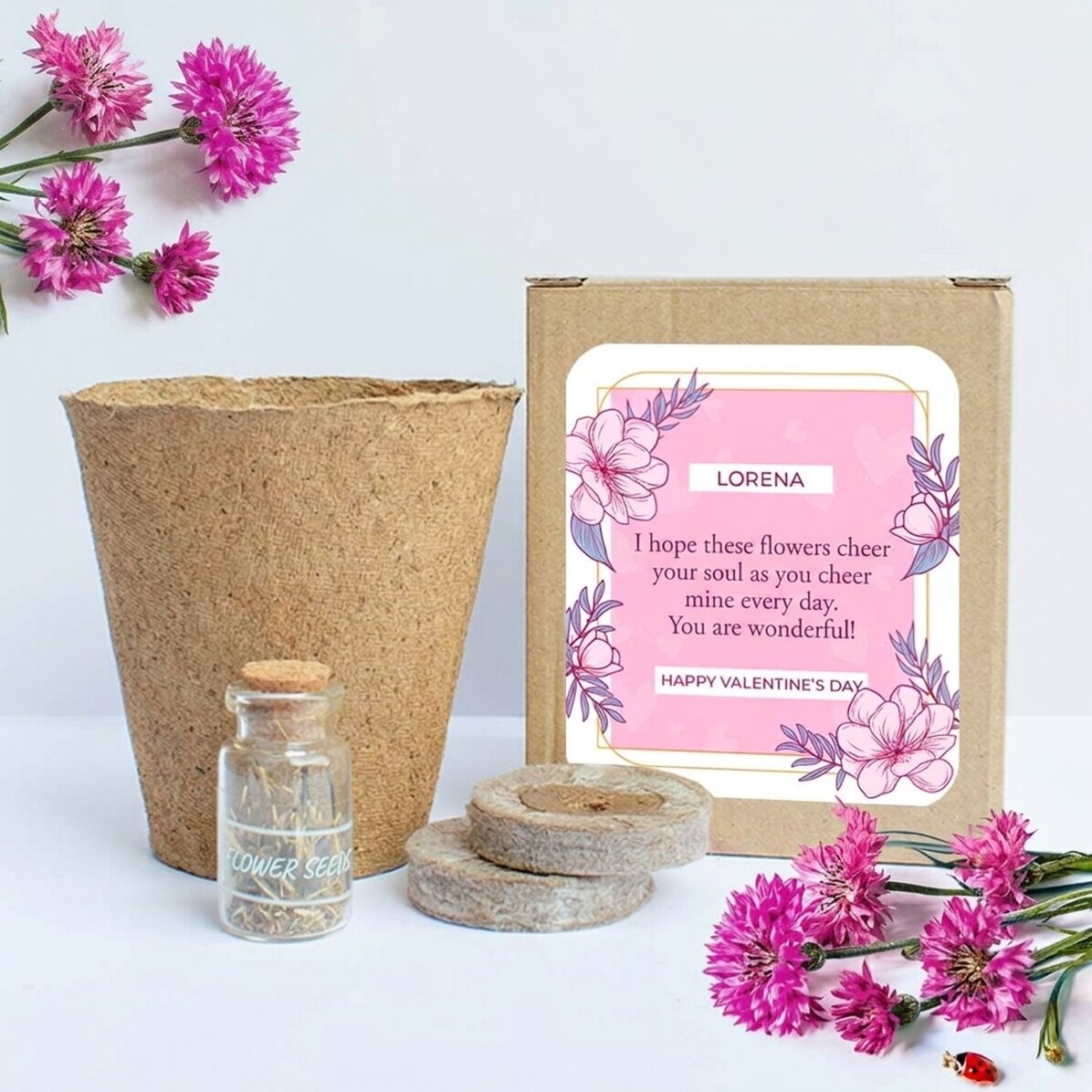 Set om lentebloemen te planten in een gepersonaliseerd bakje met de tekst 