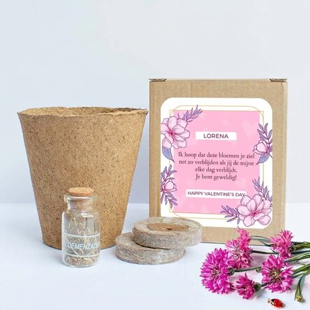 Set om lentebloemen te planten in een gepersonaliseerd bakje met de tekst 'Ik hou van je'