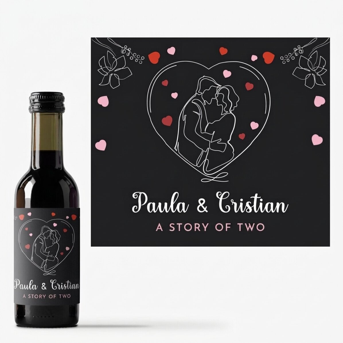 Mini-wijnflesje, gepersonaliseerd met jullie namen - Een verhaal voor twee