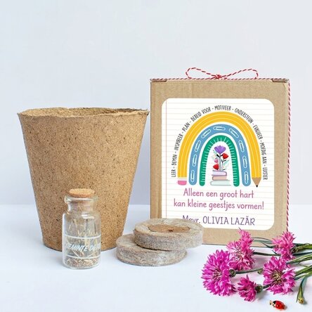 Set om lentebloemen te planten in een gepersonaliseerd doosje met een boodschap voor de kleuterjuf