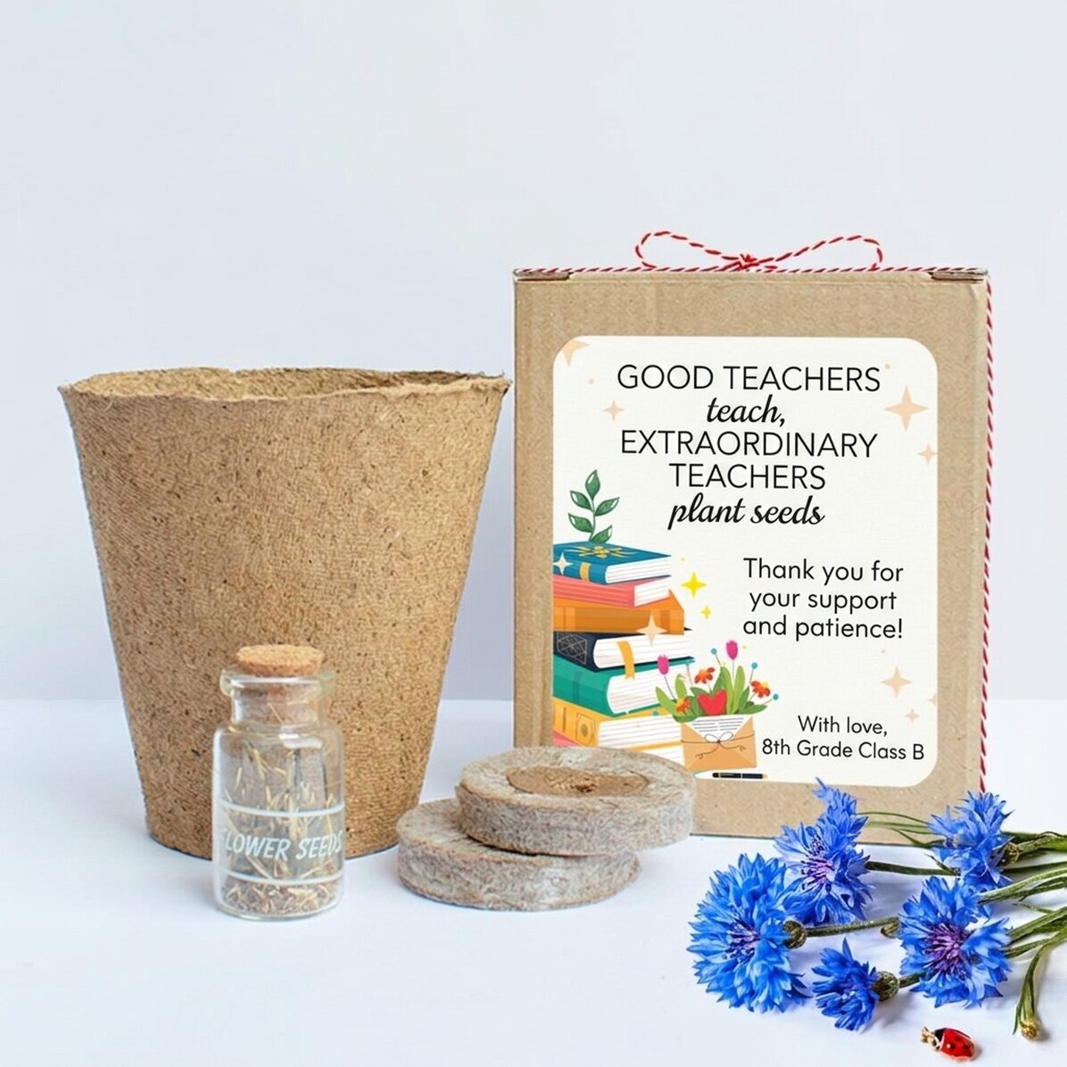 Set om lentebloemen te planten in een gepersonaliseerd doosje met een boodschap voor de lerares - Bo