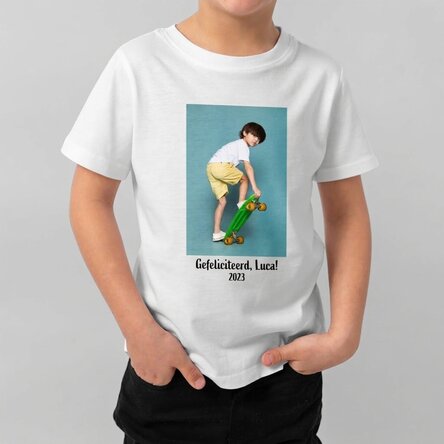 Katoenen T-shirt voor kinderen, gepersonaliseerd met een portretfoto en tekst