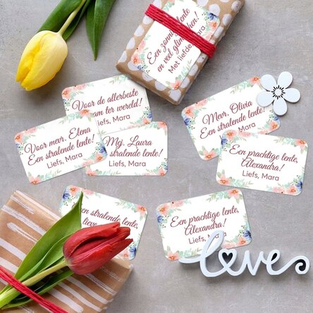 Set van 8 gepersonaliseerde stickers (zelfklevende etiketten) met teksten - Bloemenmotief