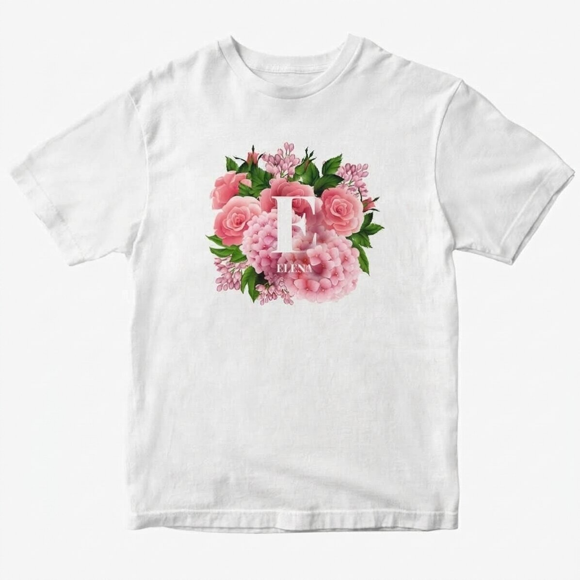 Katoenen T-shirt met initialen en naam - Lentebloemen