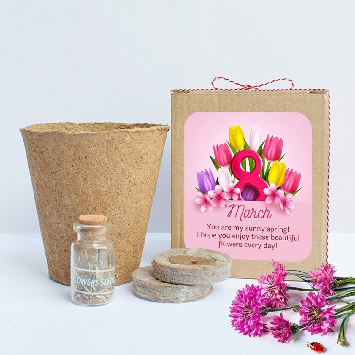 Set om lentebloemen te planten in een gepersonaliseerd doosje met een boodschap voor 8 maart