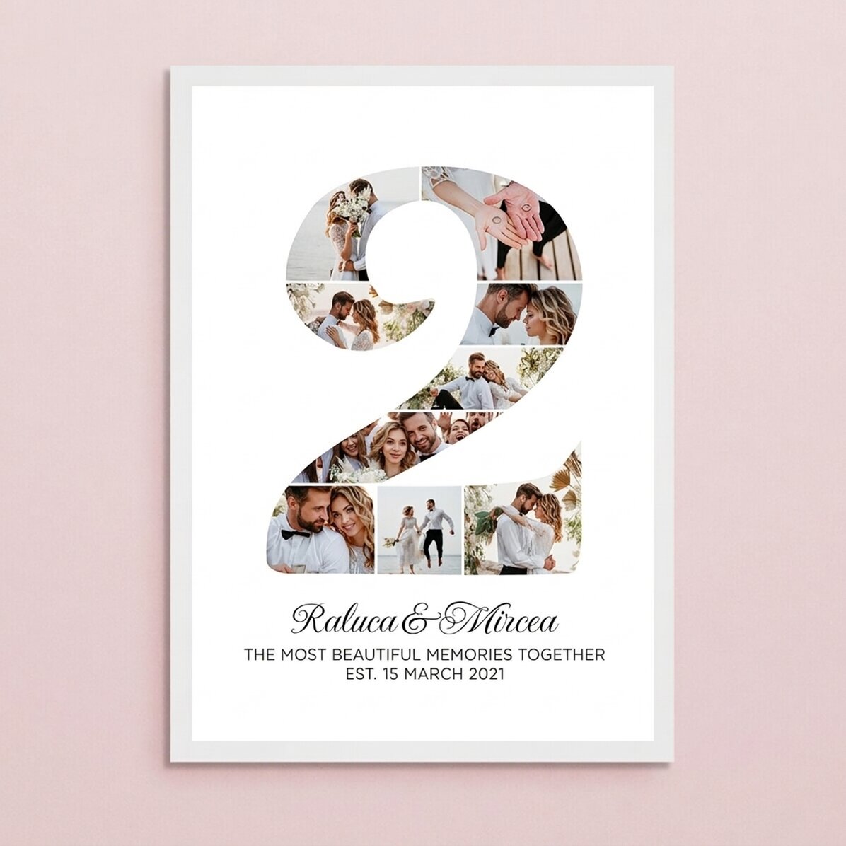 Gepersonaliseerd schilderij met het cijfer 2, foto’s en een boodschap – Jubileum van de relatie