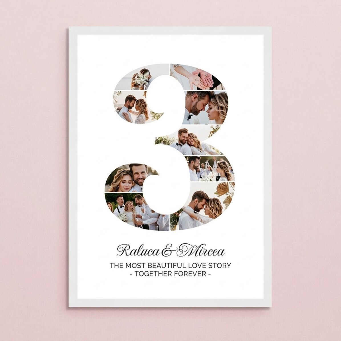 Gepersonaliseerd schilderij met het cijfer 3, foto’s en een boodschap – Verjaardag van de relatie