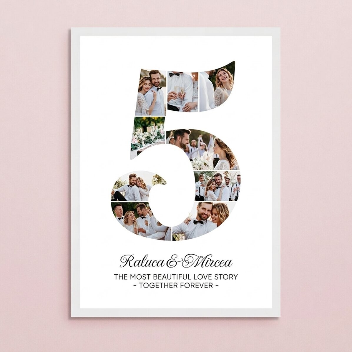 Gepersonaliseerd schilderij met het cijfer 5, foto’s en een boodschap – Jubileum van de relatie