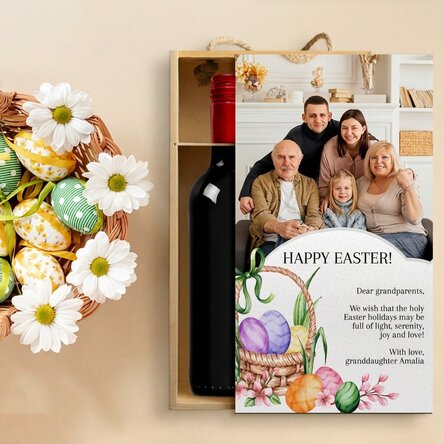 Wine box for 2 bottles personalised with a photo and Easter message