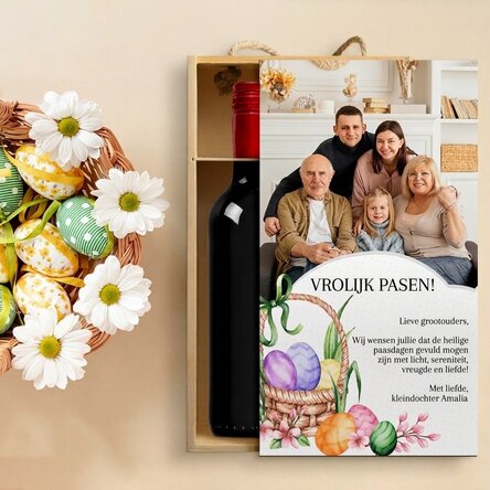 Wijnkist voor 2 flessen, gepersonaliseerd met een foto en een paasboodschap