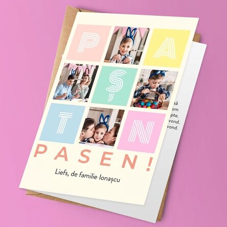 Gepersonaliseerde wenskaart met 4 foto's en een boodschap - Vrolijk Pasen!