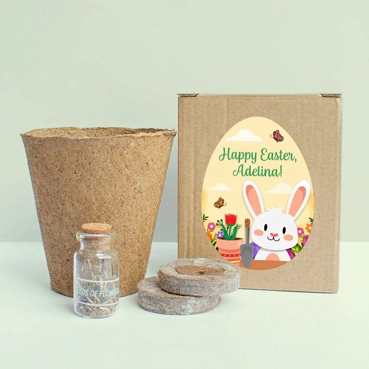 Bloemenplantpakket in een gepersonaliseerd doosje met tekst voor kinderen - Pasen