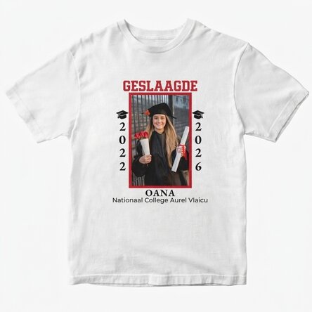 Gepersonaliseerd katoenen T-shirt met foto en tekst - Afstuderen