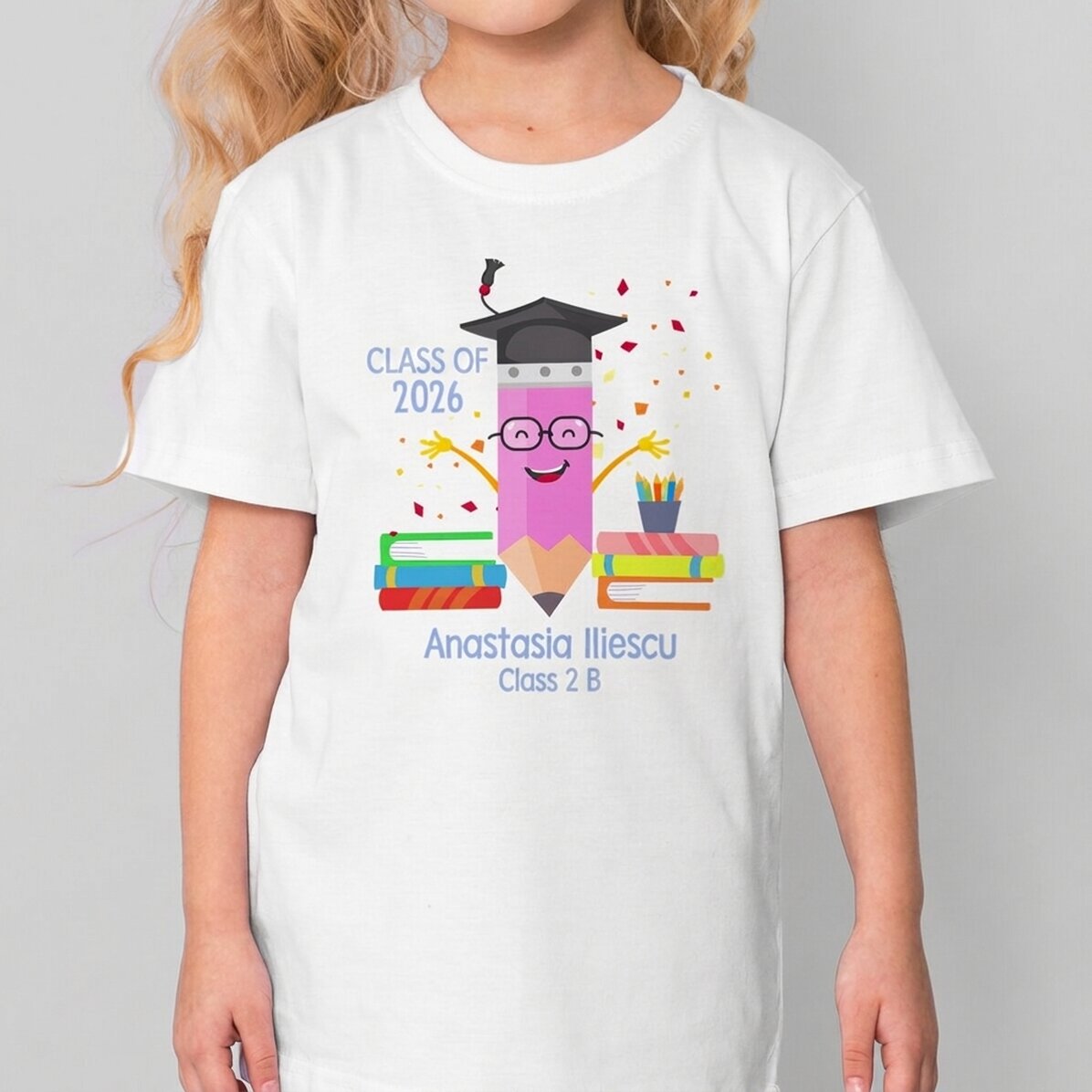 Katoenen T-shirt voor kinderen, gepersonaliseerd met tekst - Afstudeerpotlood