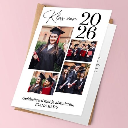 Gepersonaliseerde wenskaart met 4 foto's en een boodschap - Afstuderen